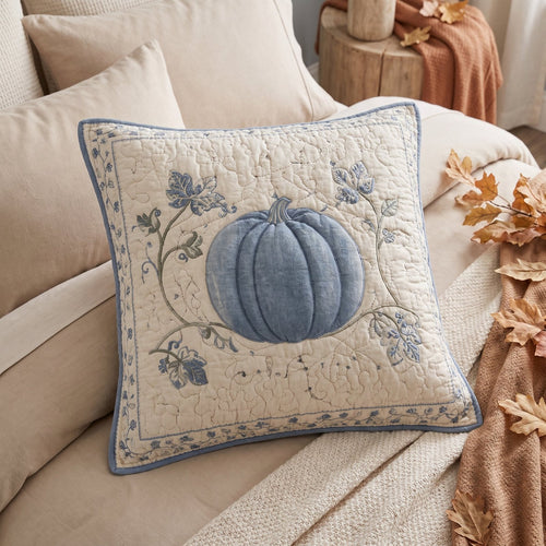 Blue And White Pumpkin Patch Quilted Cushion Cover