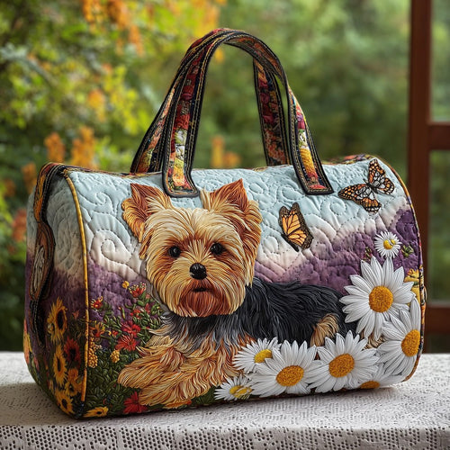 White Daisy Butterfly Yorkshire Terrier Quilted Duffle Bag