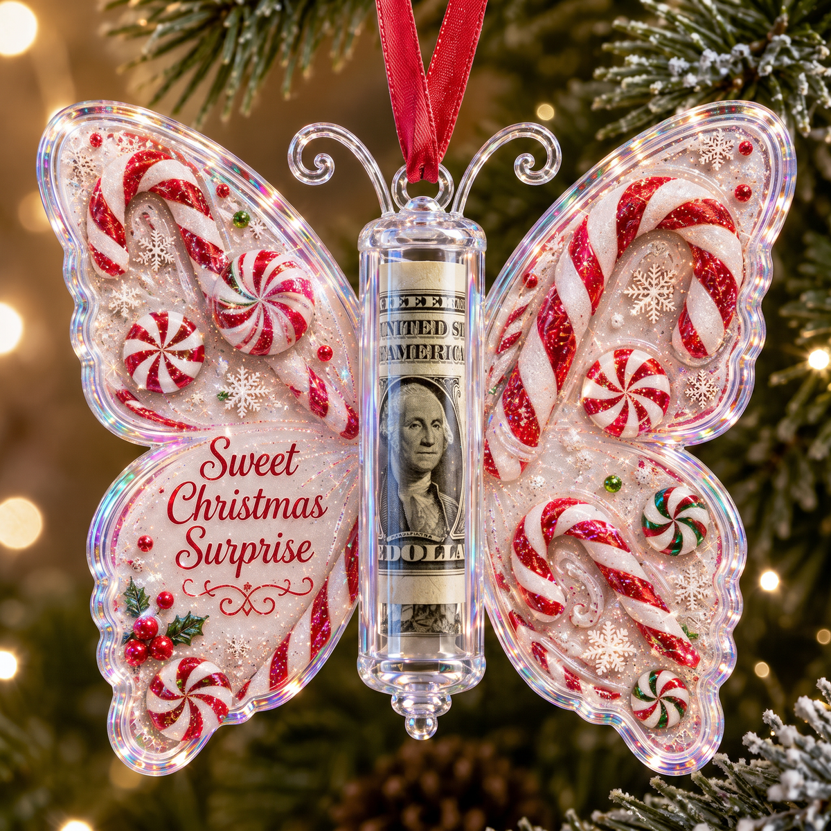 Candy Cane Sweet Surprise Butterfly Cash Holder Ornament