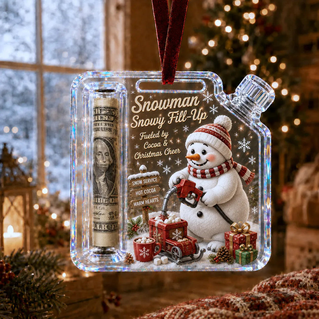 Snowman Fuel Can Cash Holder Christmas Ornament
