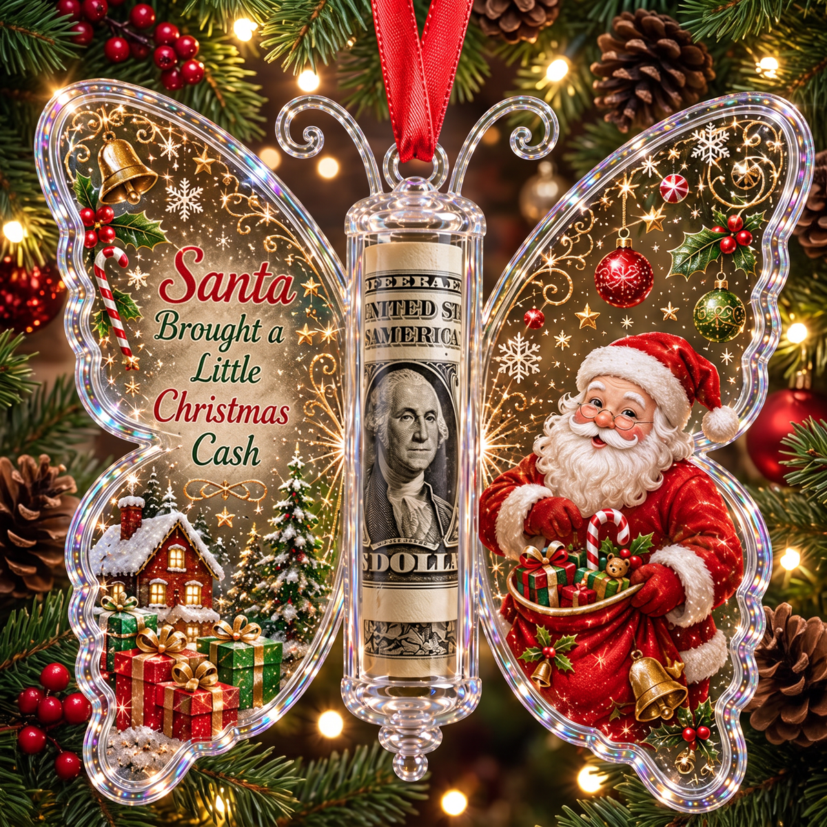 Santa Brought Cash Butterfly Christmas Ornament