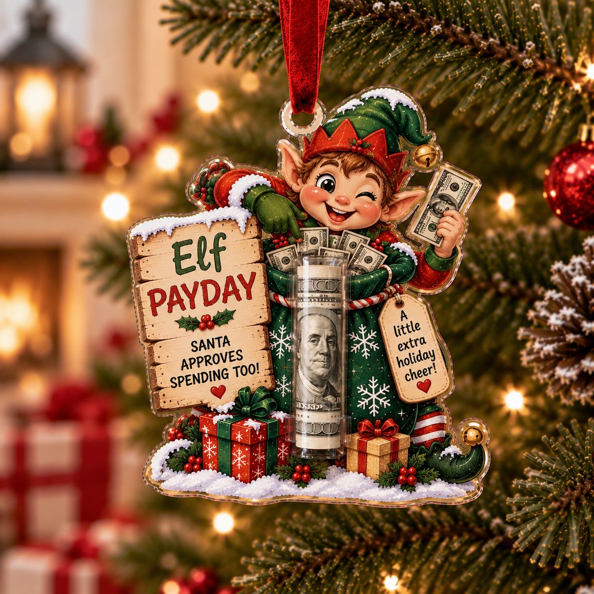 Elf Payday Holder Cash Ornament