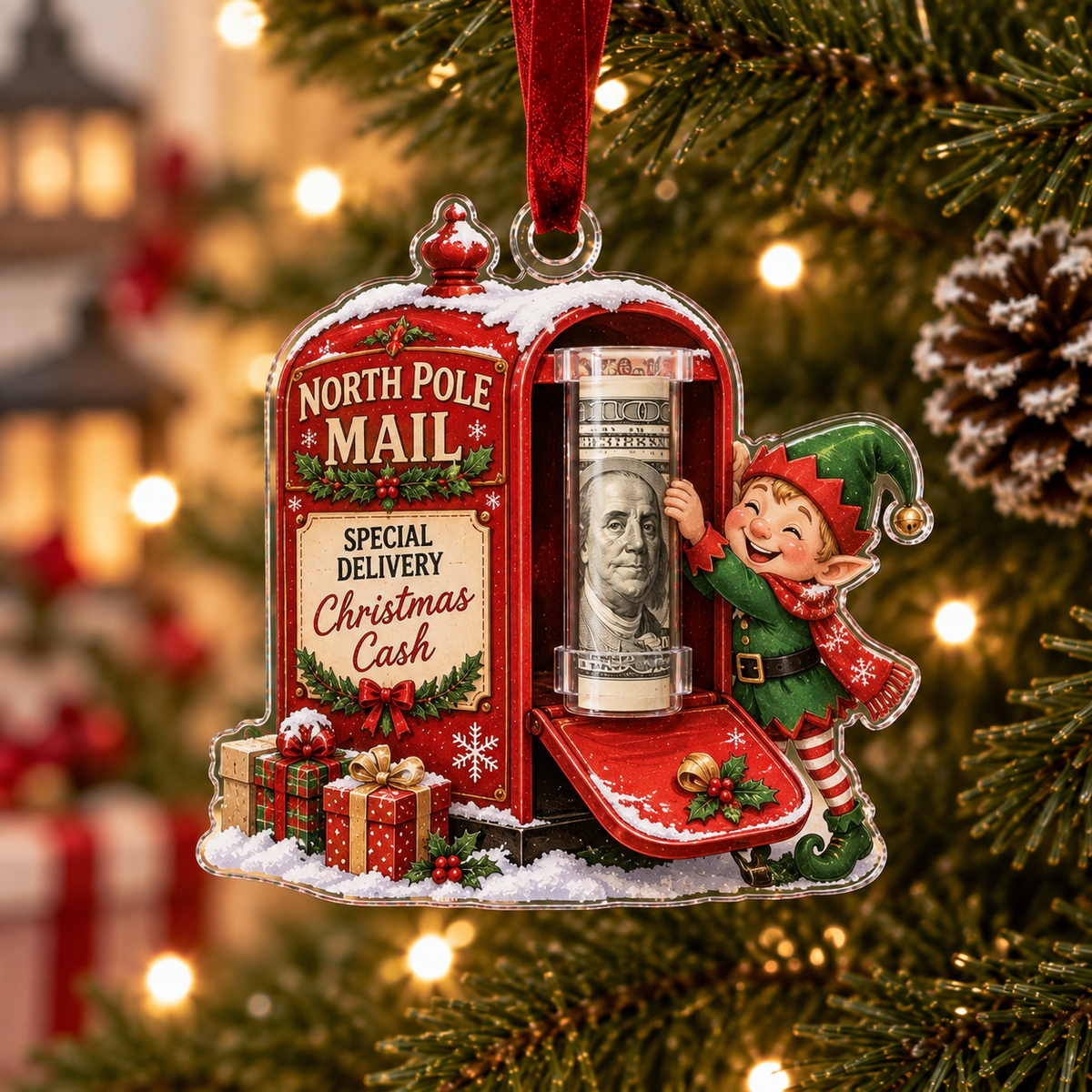 North Pole Mailbox Holder Cash Ornament