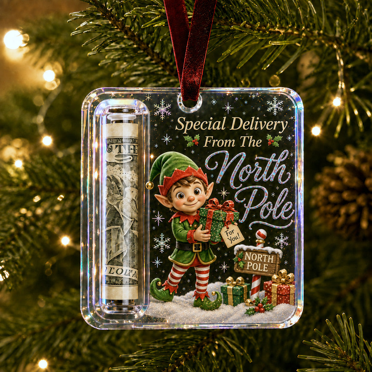 North Pole Special Delivery Elf Cash Holder Ornament