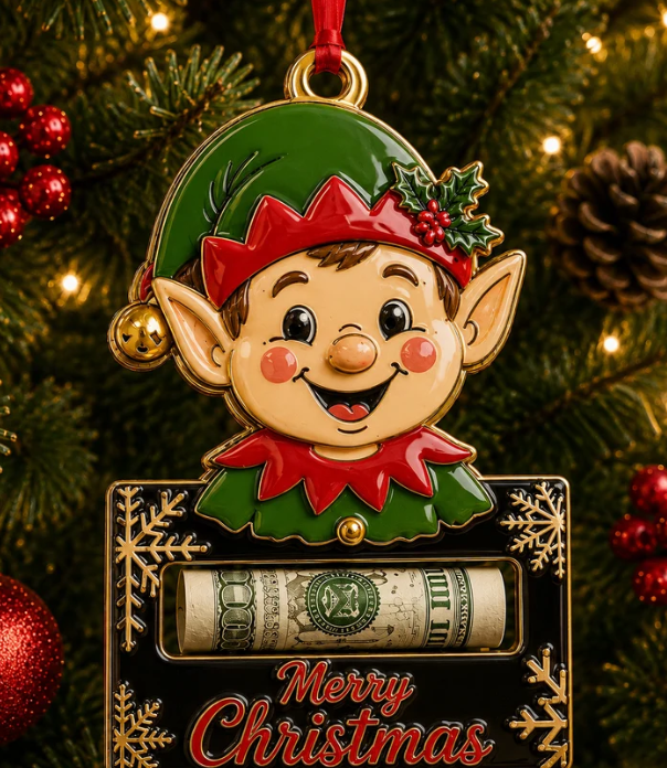 Elf Face Black Plaque Cash Holder Christmas Ornament