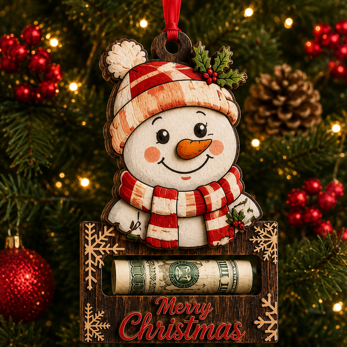 Snowman in Knit Hat Wood Plaque Cash Holder Ornament