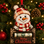 Snowman in Knit Hat Wood Plaque Cash Holder Ornament
