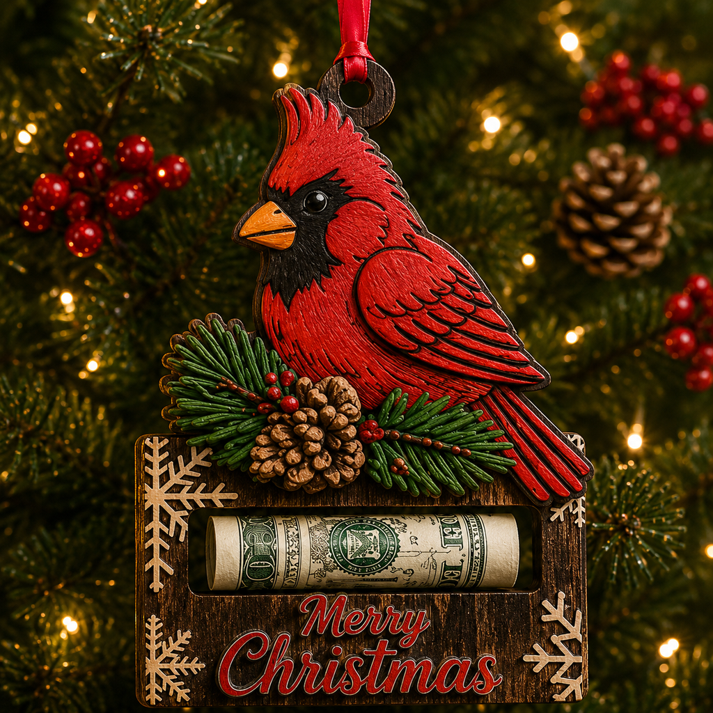 Cardinal on Pine Wood Plaque Cash Holder Christmas Ornament