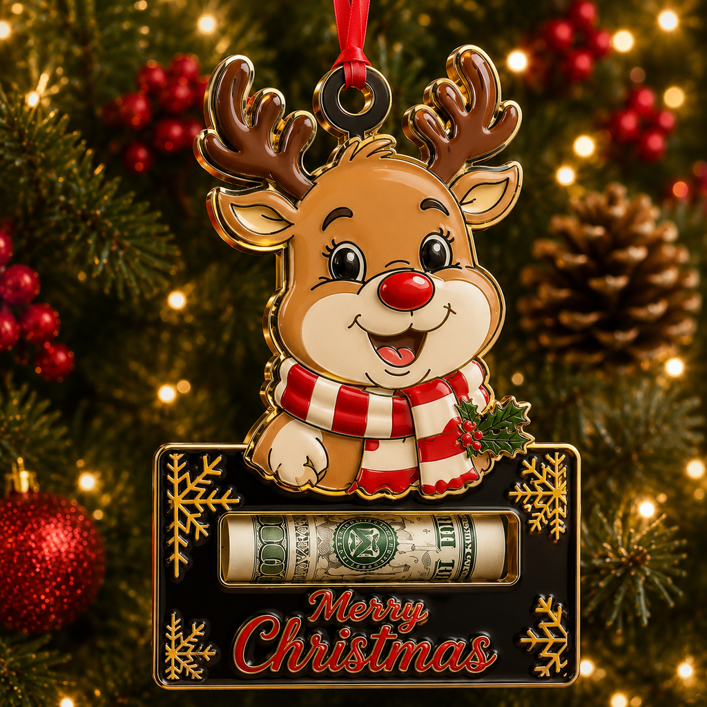 Smiling Reindeer Black Plaque Cash Holder Ornament
