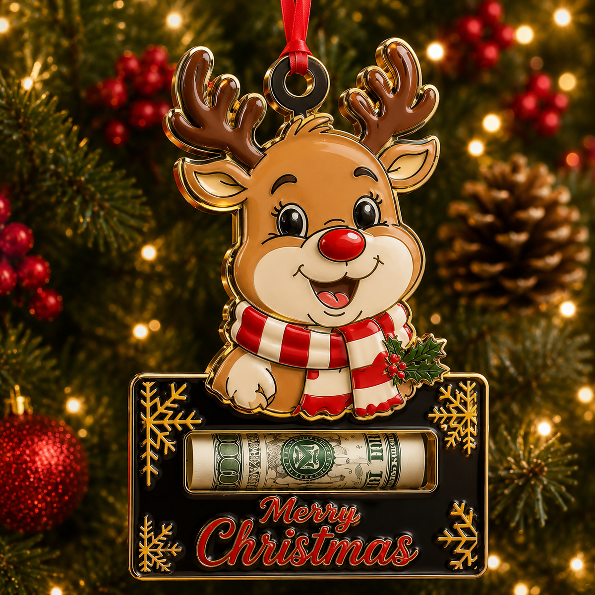 Smiling Reindeer Black Plaque Cash Holder Ornament