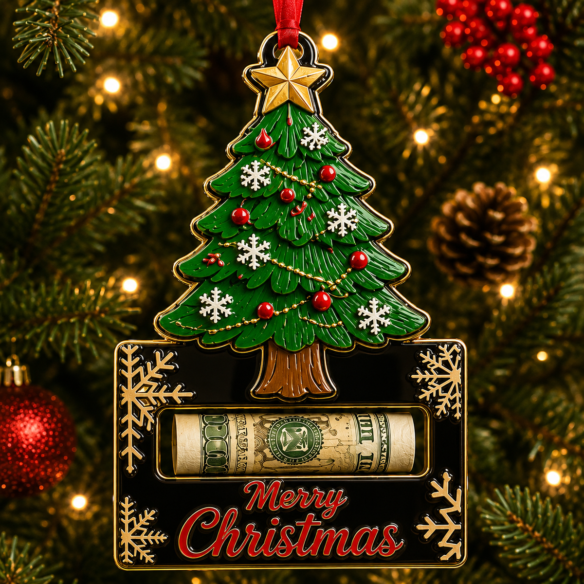 Star Top Tree Wood Plaque Cash Holder Christmas Ornament