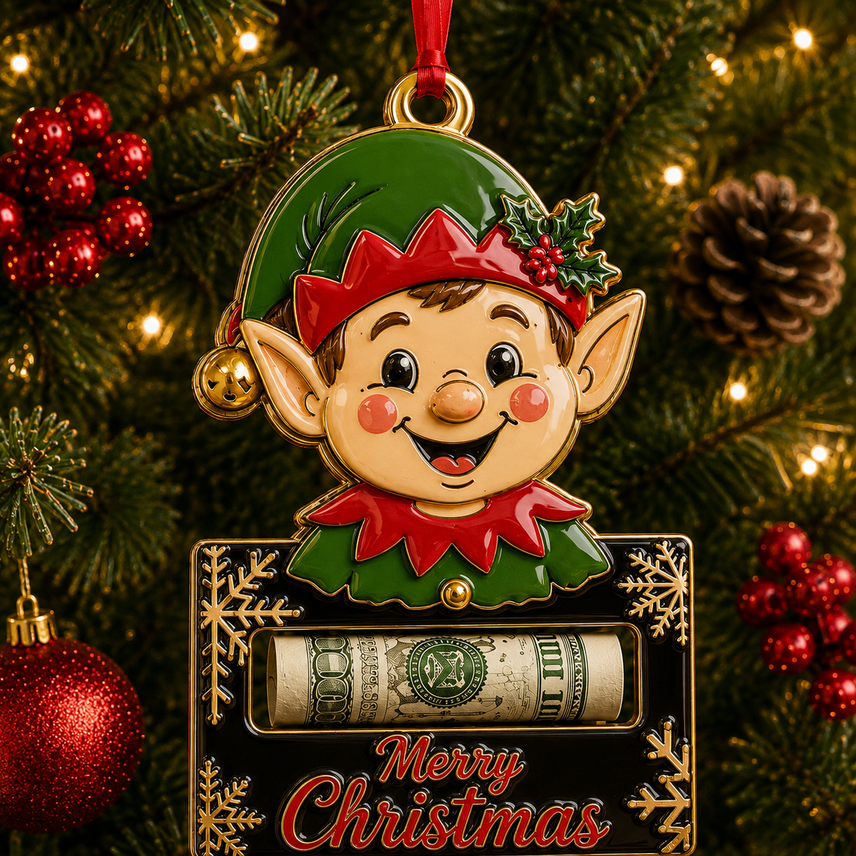 Winking Elf Black Plaque Cash Holder Ornament
