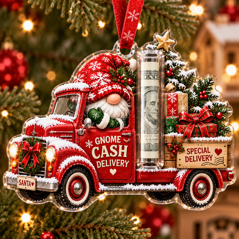 Gnome Cash Delivery Truck Christmas Ornament