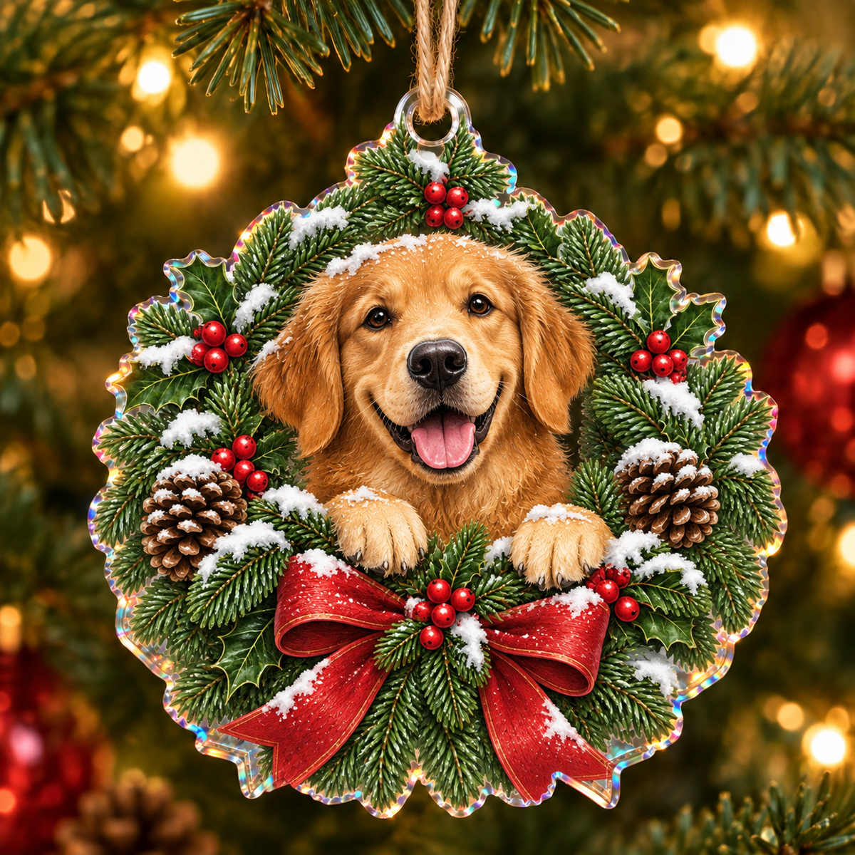 Golden Retriever Snowy Evergreen Wreath on a 4 inches holographic acrylic ornament, showing the actual product type and printed dimensional artwork