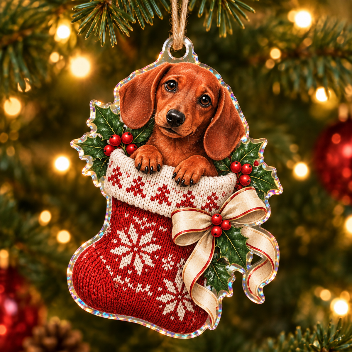 Dachshund Christmas Stocking on a 4 inches holographic acrylic ornament, showing the actual product type and printed dimensional artwork