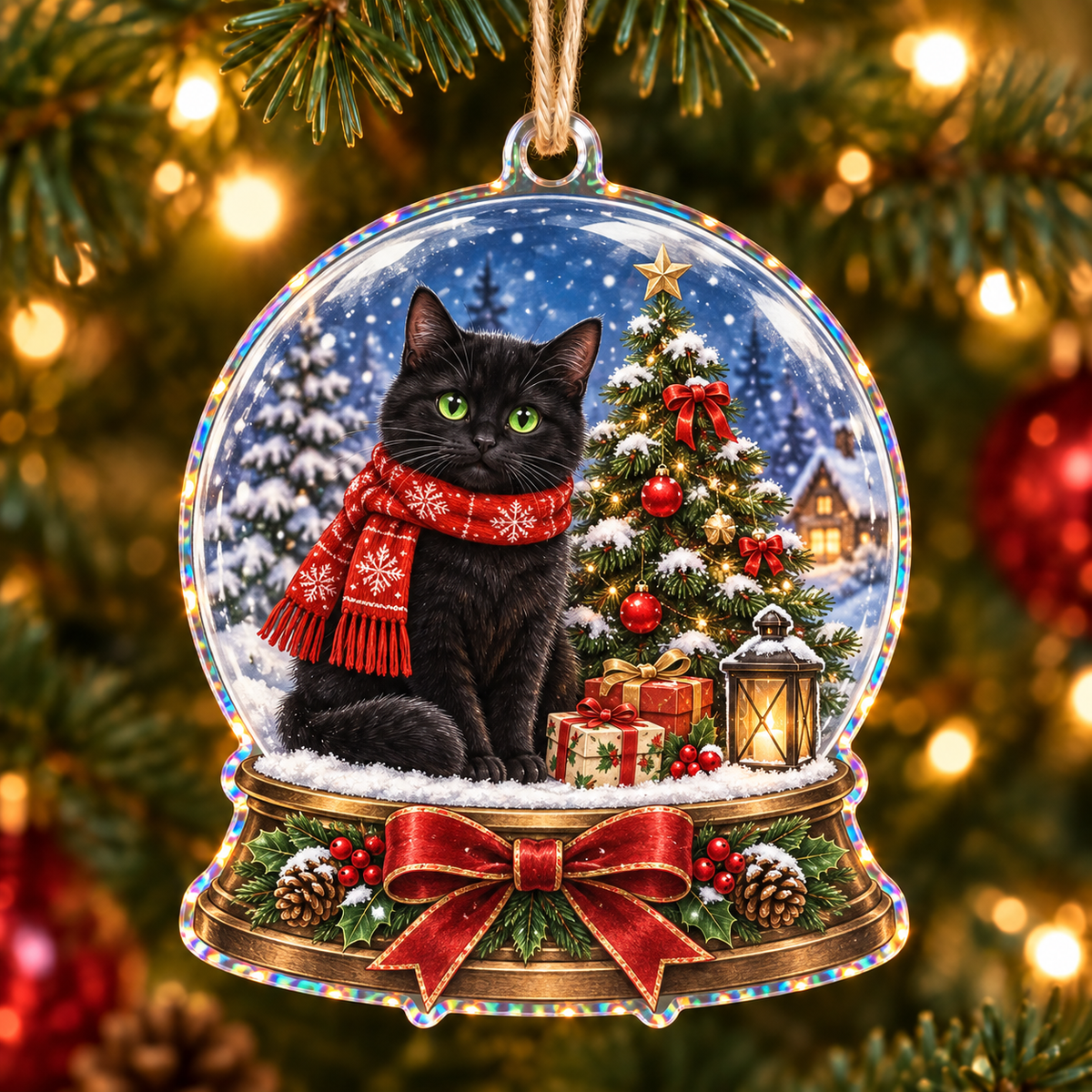 Black Cat Winter Snow Globe on a 4 inches holographic acrylic ornament, showing the actual product type and printed dimensional artwork