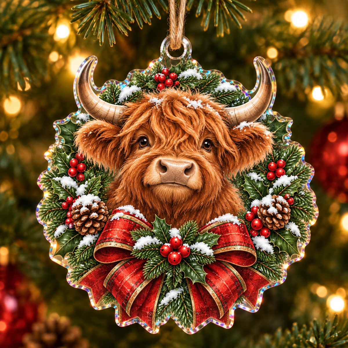 Highland Cow Christmas Ribbon Keepsake on a 4 inches holographic acrylic ornament, showing the actual product type and printed dimensional artwork