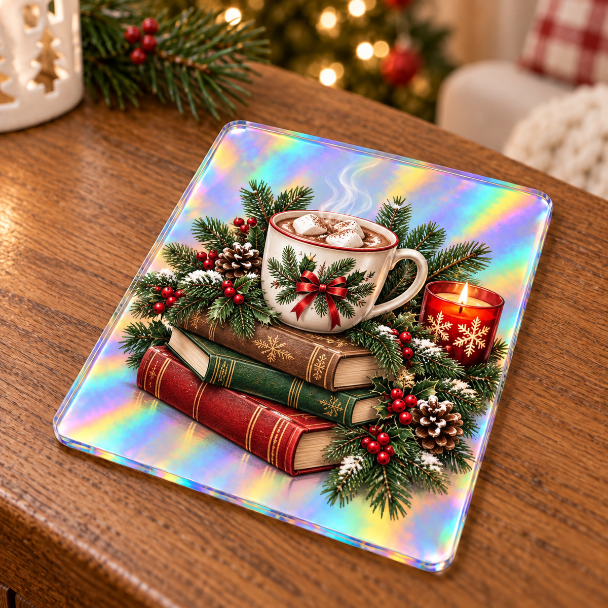 Book Lover Christmas Keepsake on a 4 inches holographic acrylic keepsake card, showing the actual product type and printed dimensional artwork