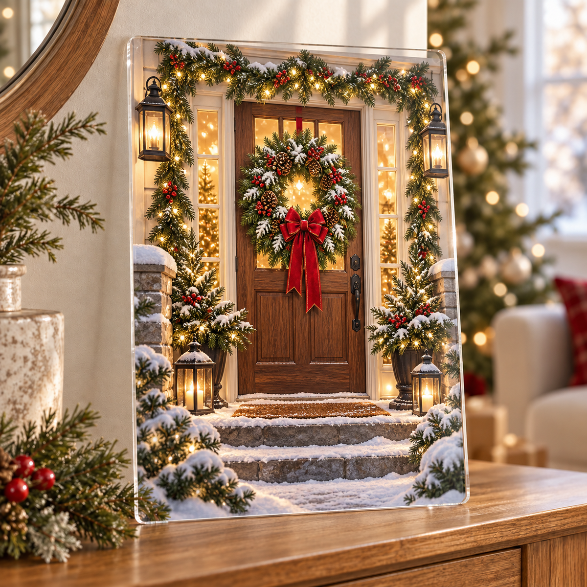 New Home Christmas Welcome on a 12 x 18 inches acrylic christmas sign, showing the actual product type and printed dimensional artwork