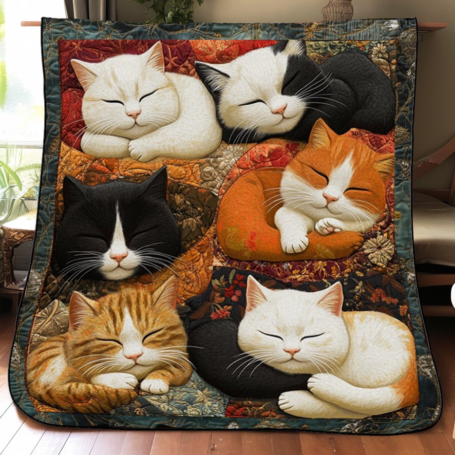 Adorable Cute Lazy Cat Floral Theme Quilted Blanket printed blanket
