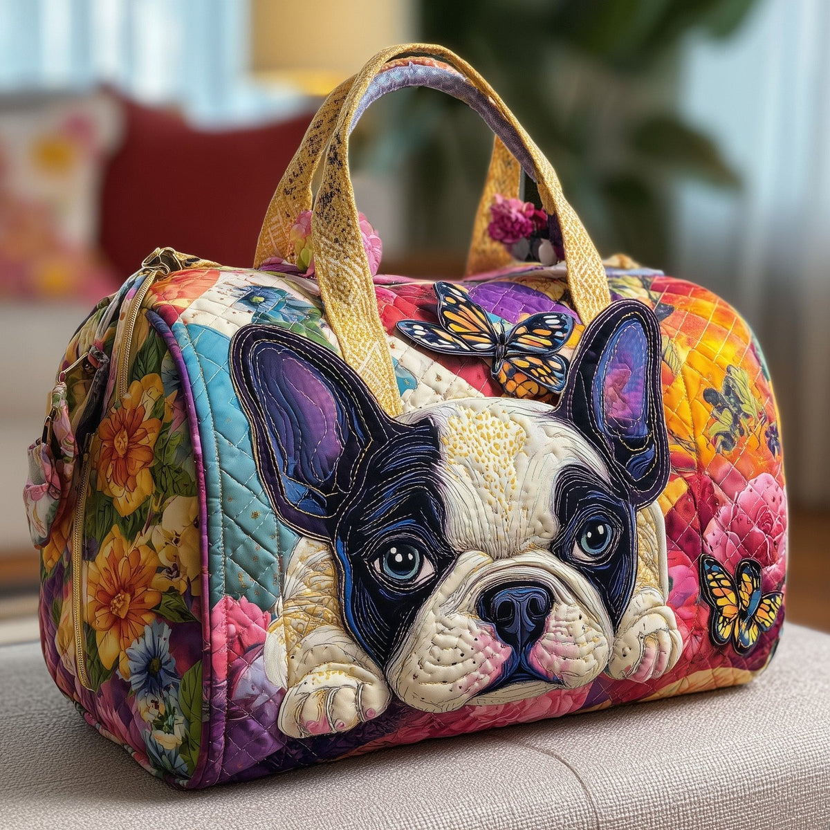 Adorable Frenchie Quilted Duffle Bag printed duffle bag