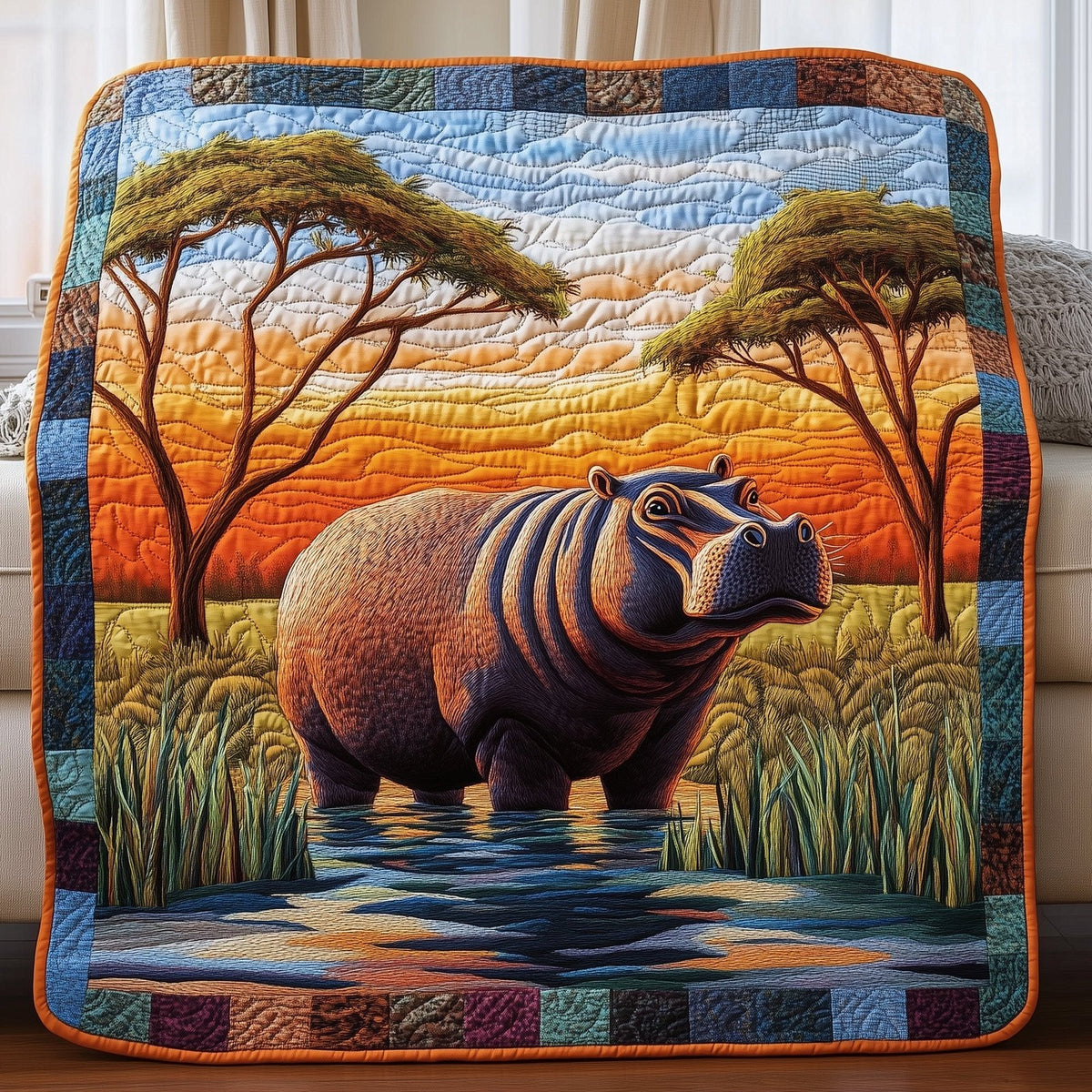 African Hippo Quilted Blanket printed blanket