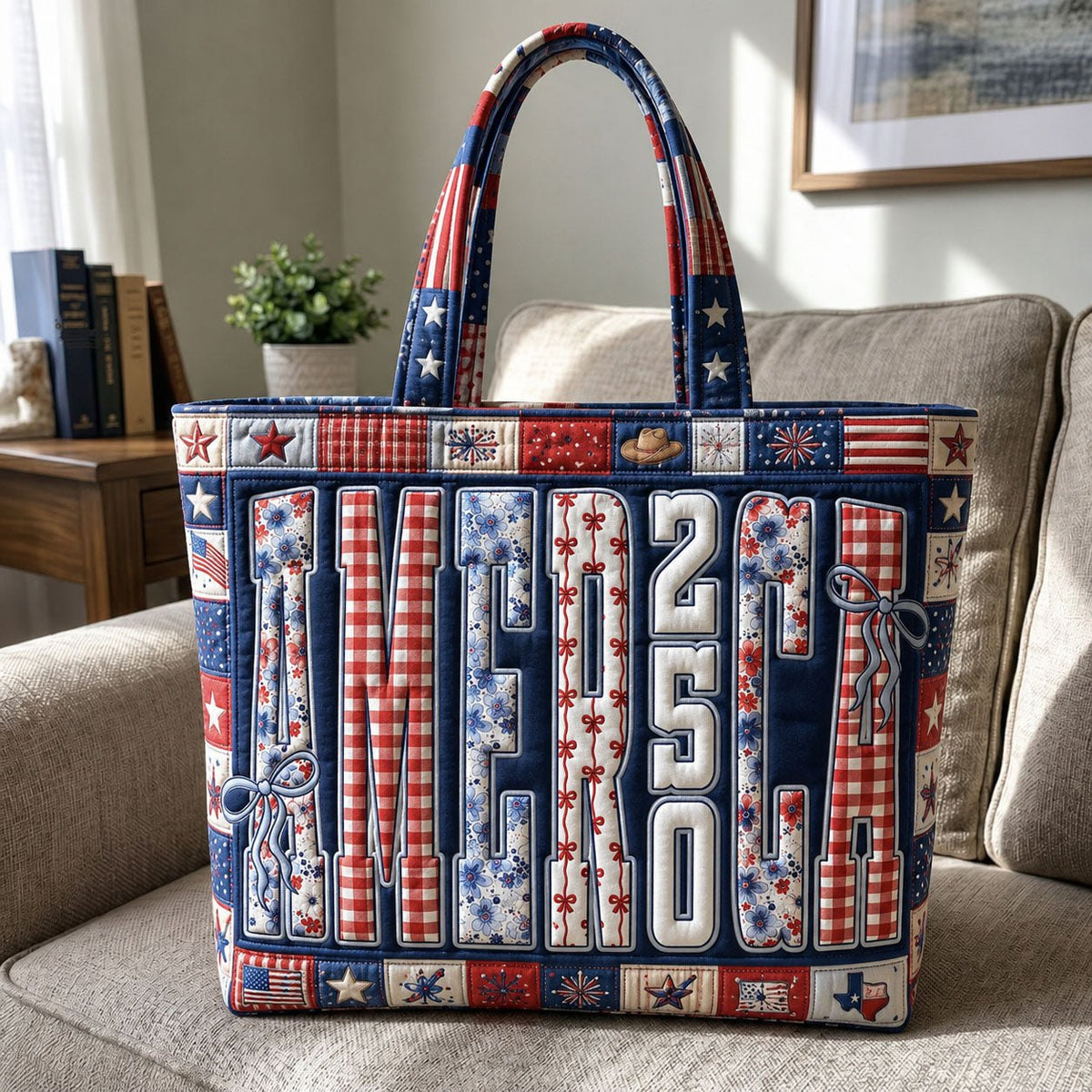 America 250 Floral Patchwork Quilted Tote Bag printed tote bag