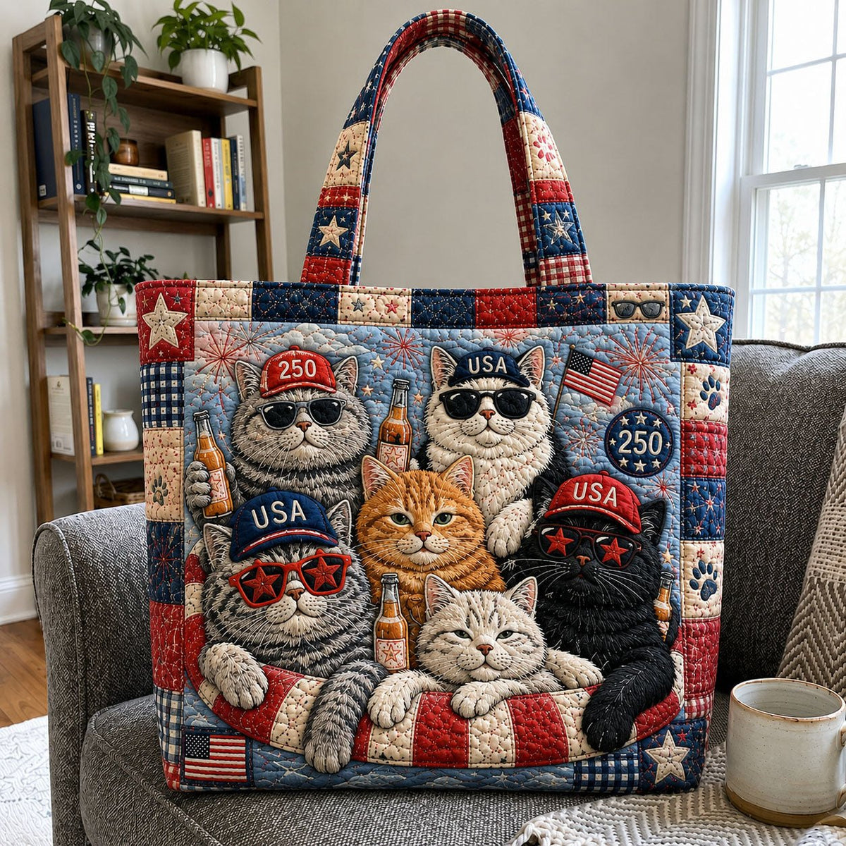 America 250 Party Cats Quilted Tote Bag printed tote bag