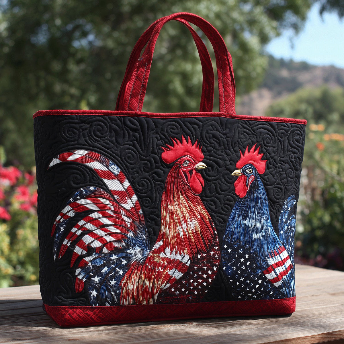 American Farmhouse Rooster Quilted Tote Bag printed tote bag