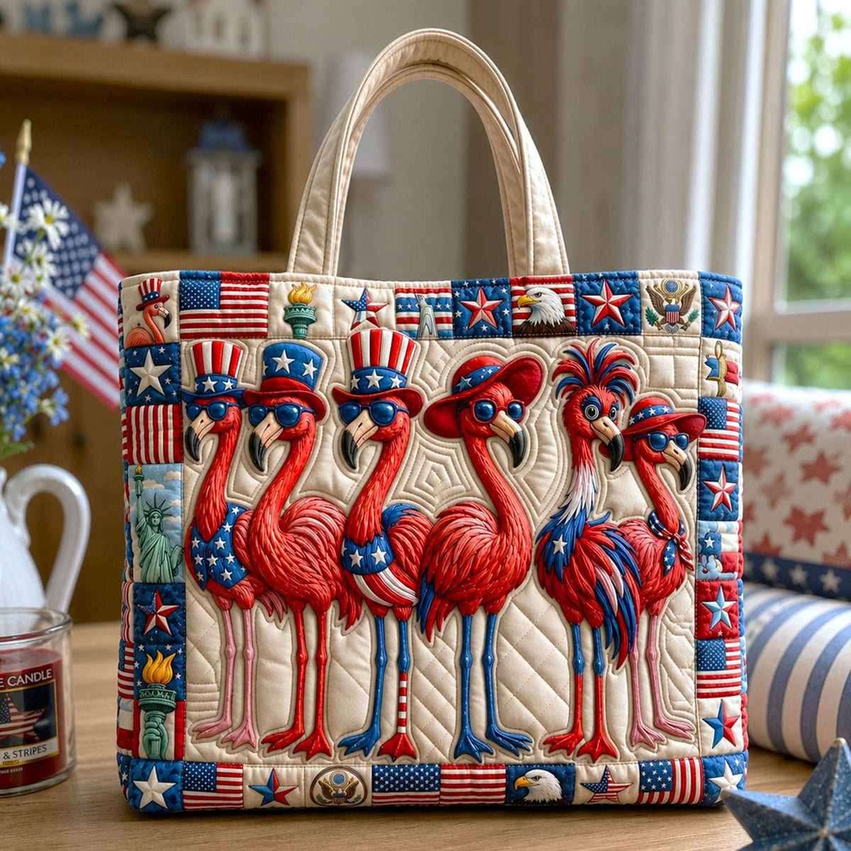 American Flamingo Quilted Tote Bag printed tote bag