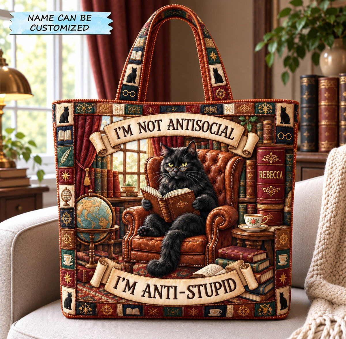 Anti Social Book Cat Quilted Tote Bag QTCUZ printed tote bag
