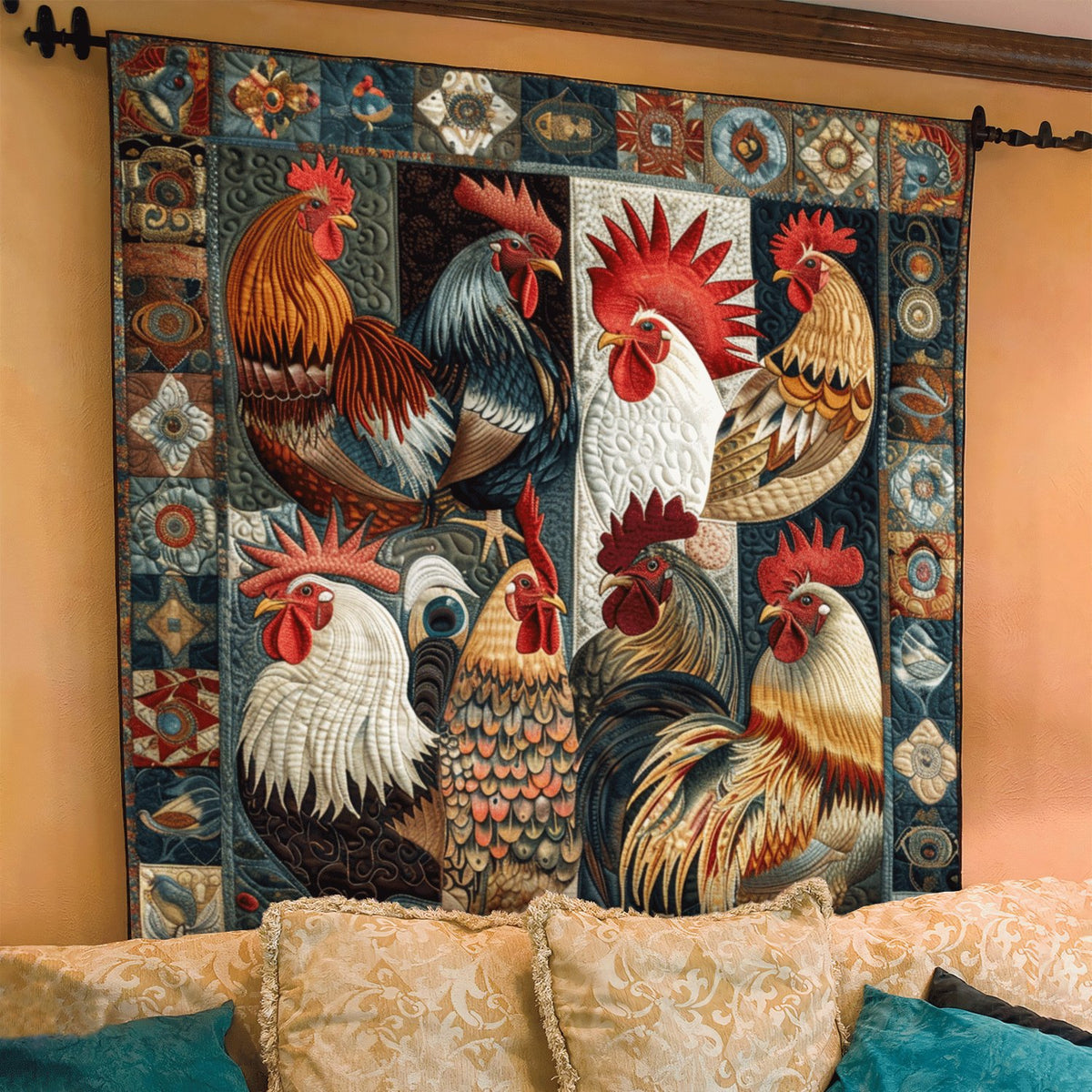 Antique Rooster Quilted Blanket printed blanket