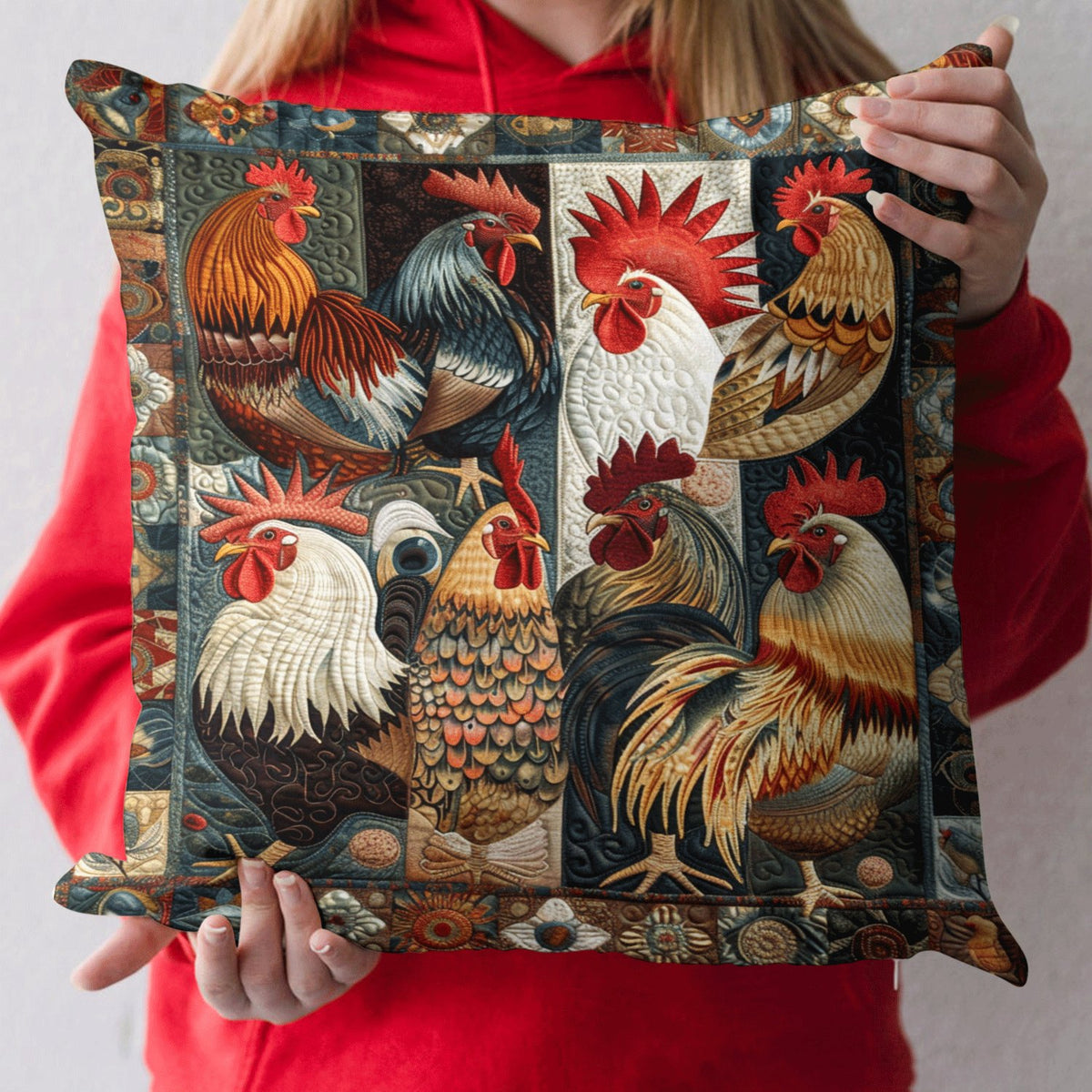 Antique Rooster Quilted Cushion Cover printed cushion cover