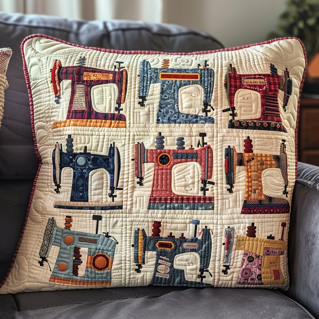 Antique Sewing Machine Quilted Cushion Cover printed cushion cover