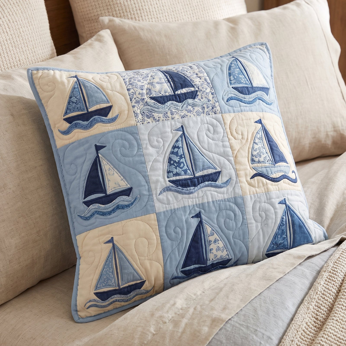 Aqua Harbor Quilted Cushion Cover printed cushion cover