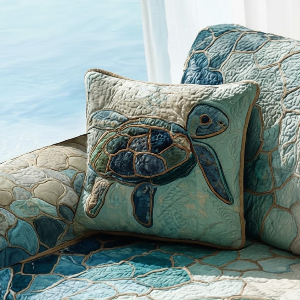 Aqua Mosaic Turtles Quilted Cushion Cover printed cushion cover