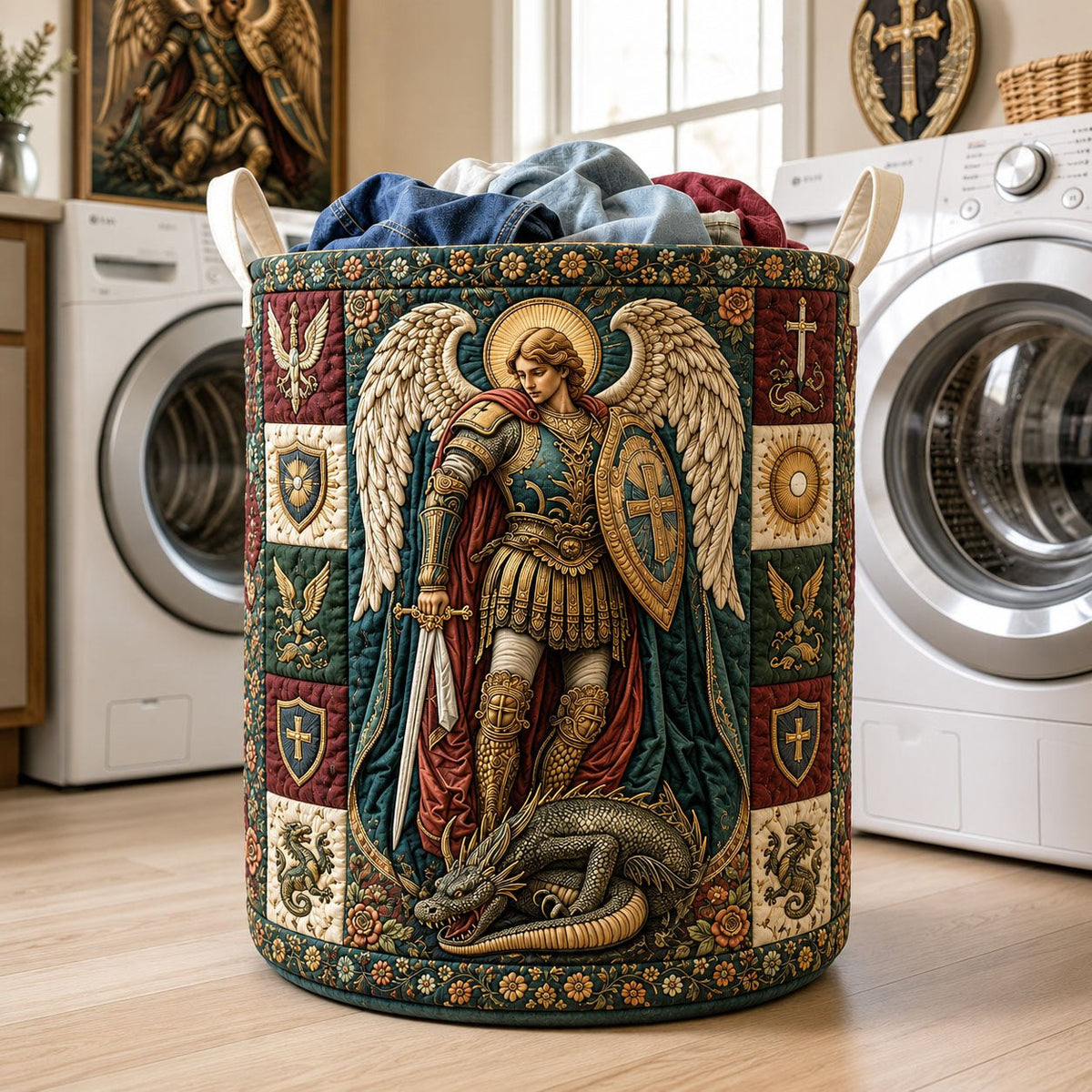 Archangel Michael Dragon Slayer Quilted Laundry Hamper printed laundry hamper