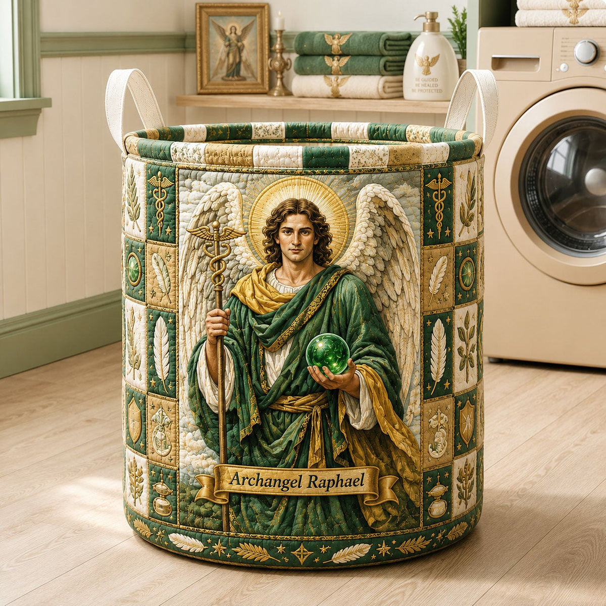 Archangel Raphael Healing Guardian Quilted Laundry Hamper printed laundry hamper