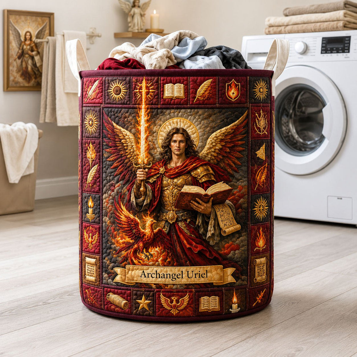 Archangel Uriel Sacred Flame Quilted Laundry Hamper printed laundry hamper