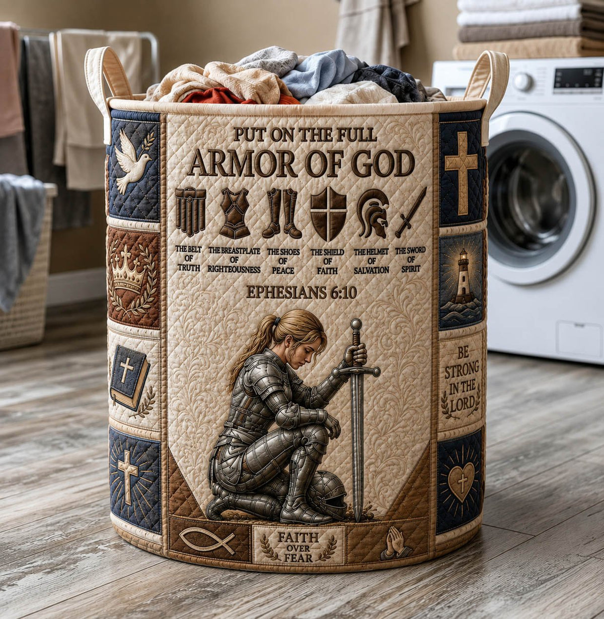 Armor Of God Quilted Laundry Hamper printed laundry hamper
