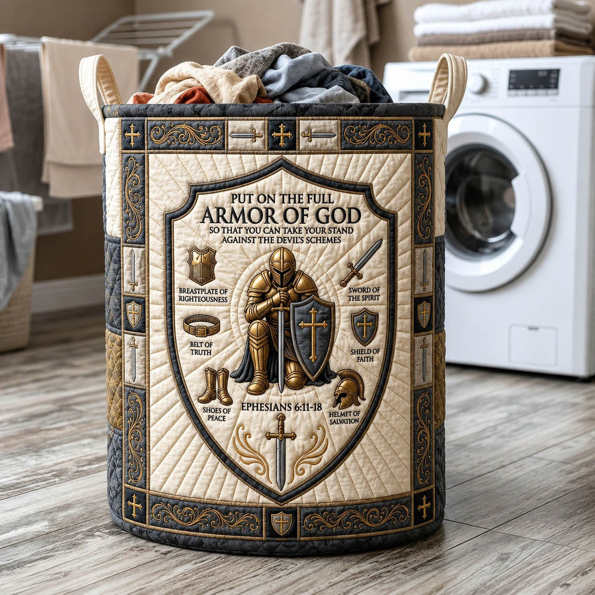 Armor Of God Quilted Laundry Hamper printed laundry hamper