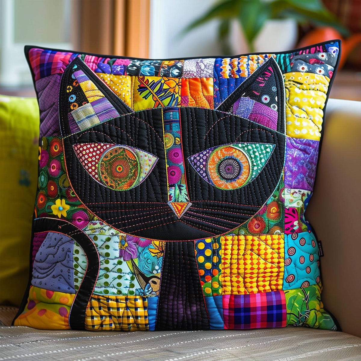 Artful Black Cat Quilted Cushion Cover printed cushion cover