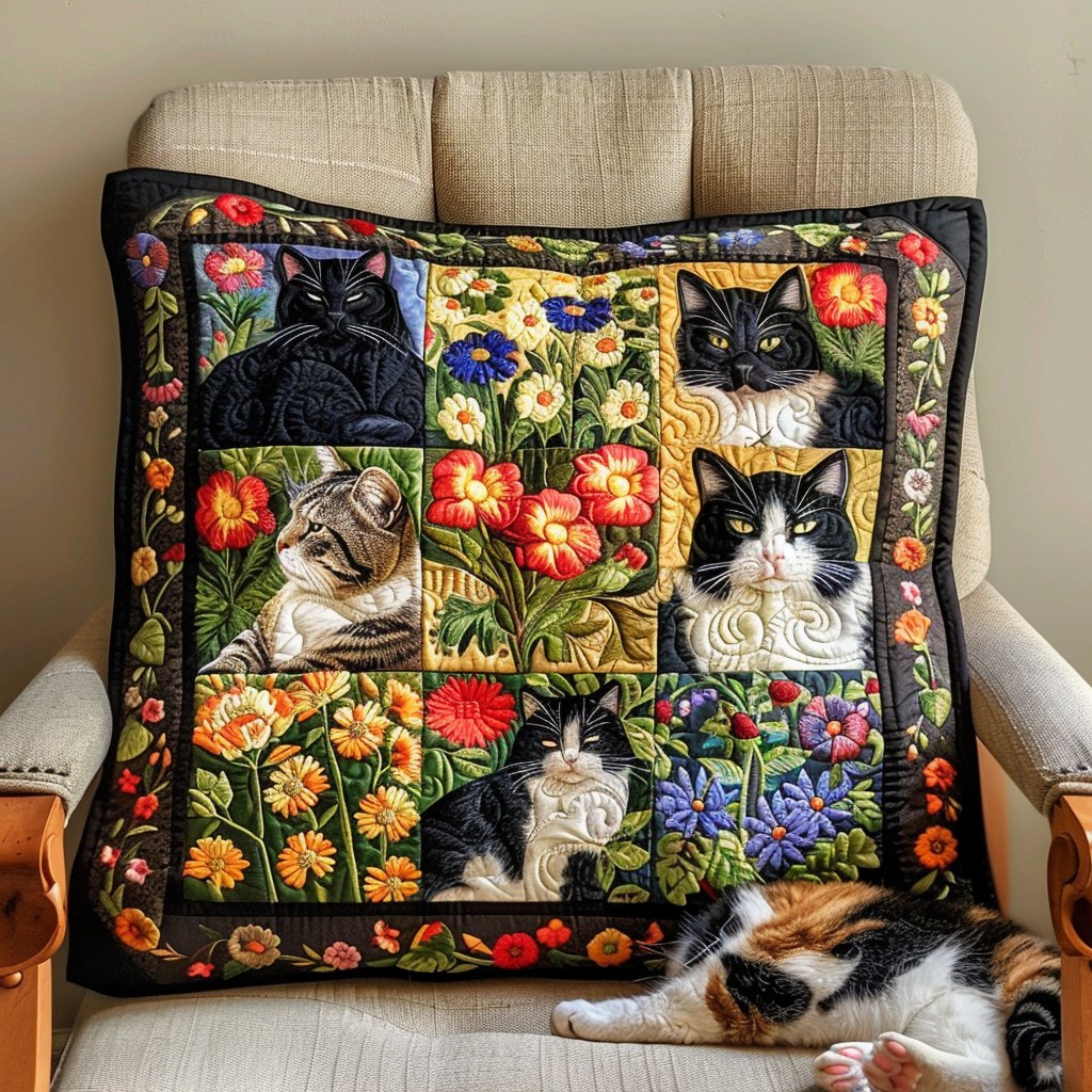 Artistic Cat-Themed Quilted Cushion Cover printed cushion cover