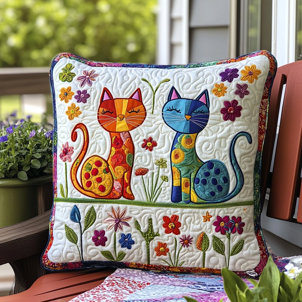 Artistic Cat-Themed Quilted Cushion Cover printed cushion cover