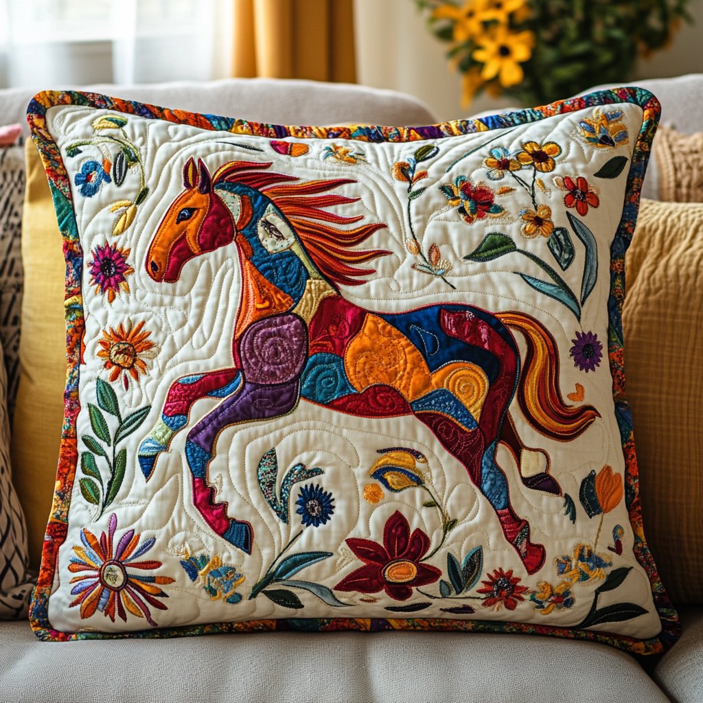 Artistic Horse-Themed Quilted Cushion Cover printed cushion cover