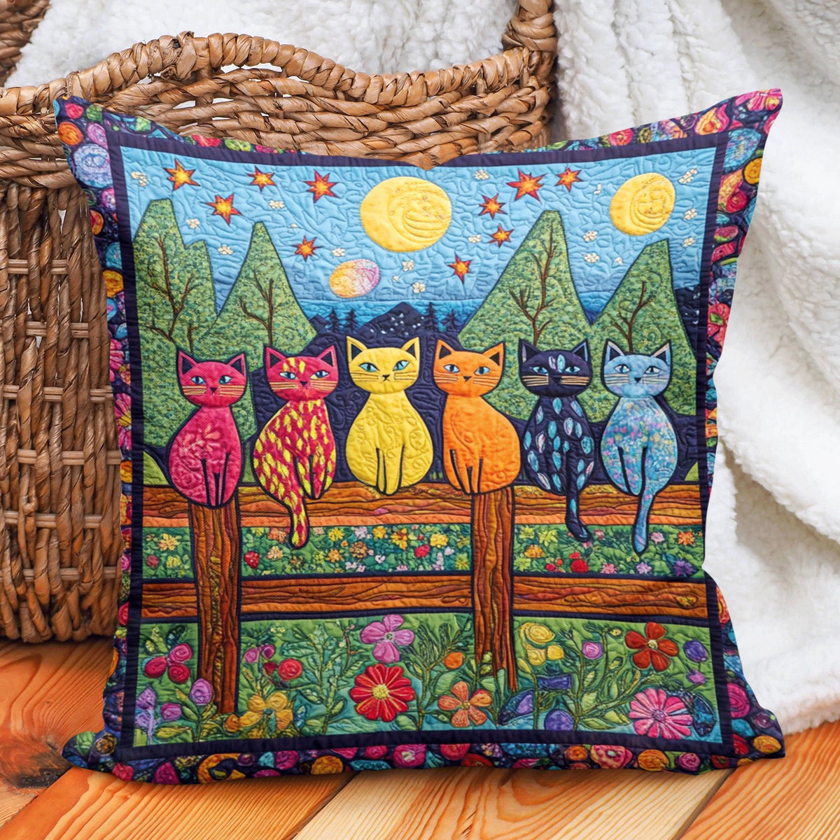 Artistic Night Cat-Themed Quilted Cushion Cover printed cushion cover