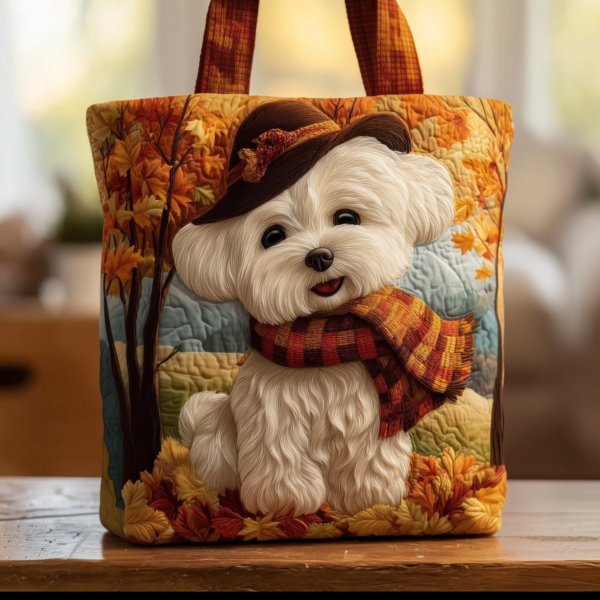 Autumn Bichon Quilted Tote Bag printed tote bag