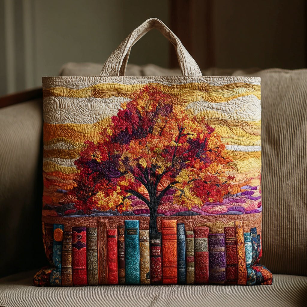 Autumn Book Tree Quilted Tote Bag printed tote bag