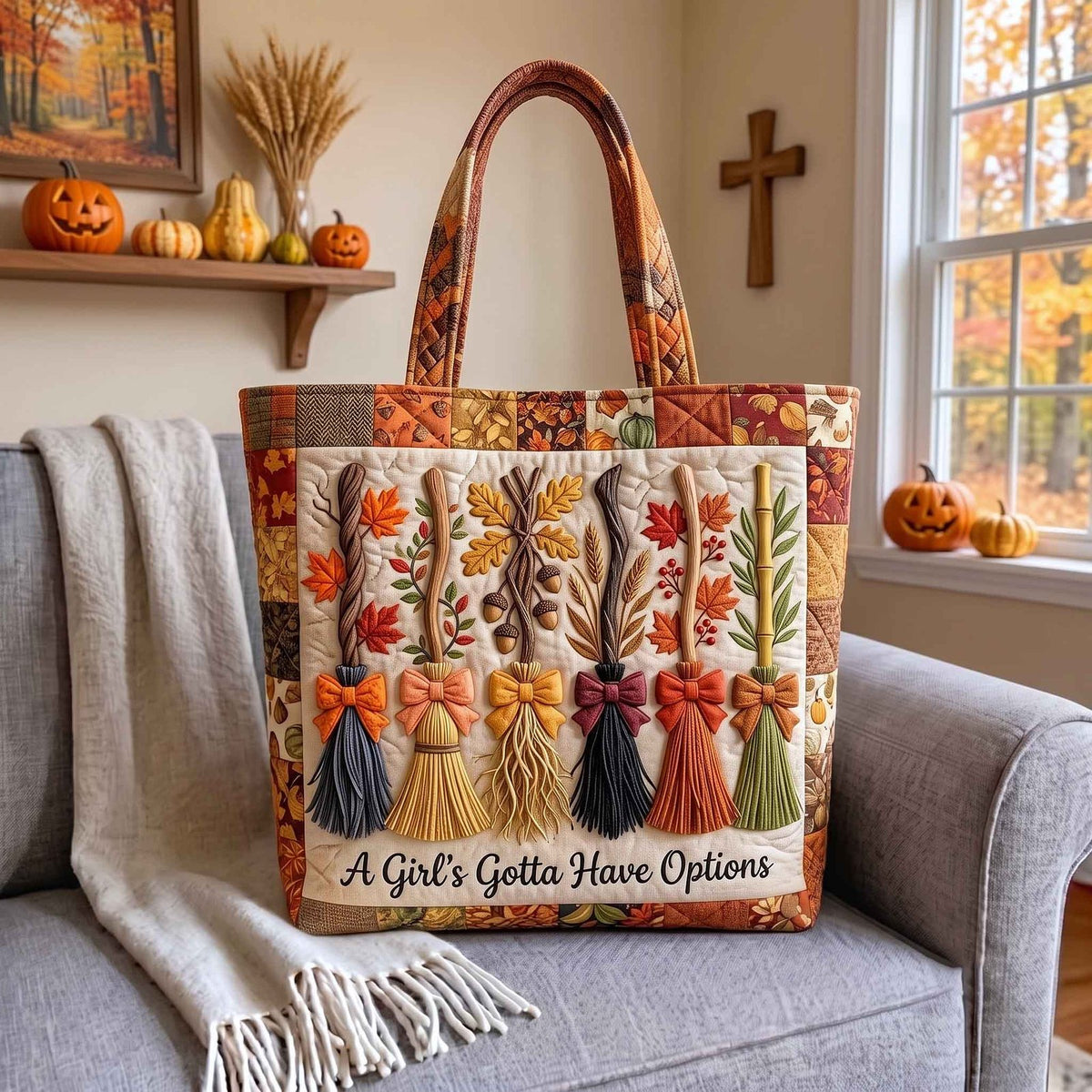 Autumn Broom Quilted Tote Bag printed tote bag
