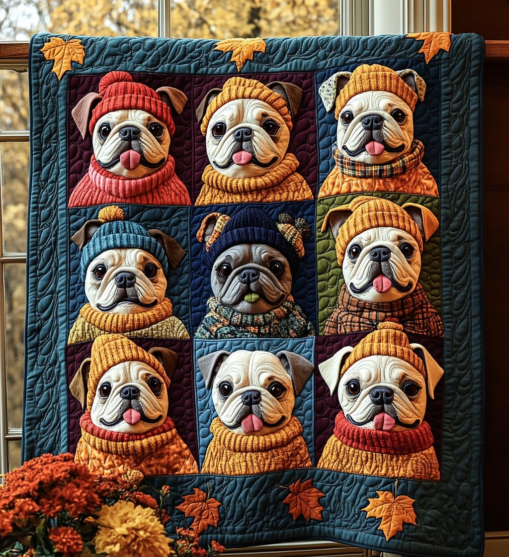 Autumn Bulldog Quilted Blanket printed blanket